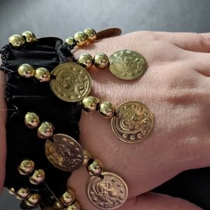 Black Fabric and Gold Tone Coin Stretchy Statement Bracelet